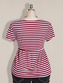 SHEIN ICON 女款大尺碼復古性感千禧風Y2K簡約休閒日常通勤街頭風黑灰條紋深V領二合一上衣 - 紅色 - 查看 3