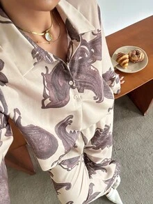 Dazy Plus Autumn New Loose Casual Lapel Long Sleeve Shirt & High Waist Wide Leg Pants 2 Pieces Set - Khaki - View 1