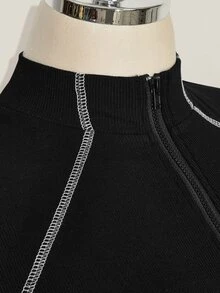 SHEIN ICON Plus Size Vintage Y2K Sexy Front Zipper Contrast Stitching Decor Slimming Tight Jumpsuit, Jumpsuit Outfit - Black and White - View 7