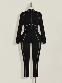 SHEIN ICON Plus Size Vintage Y2K Sexy Front Zipper Contrast Stitching Decor Slimming Tight Jumpsuit, Jumpsuit Outfit - Black and White - View 6