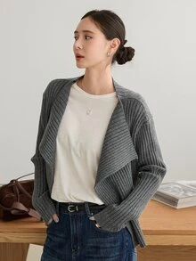 Dazy-Less Women's Vintage Ribbed Long Sleeve Knit Cardigan - Grey - View 4