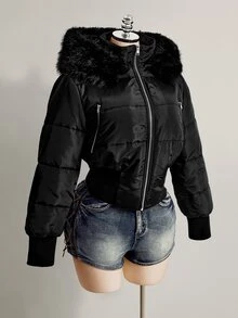 SHEIN ICON Women's Plus Size Hooded Patchwork Fur Collar Black Padded Coat Winter - Black - View 4