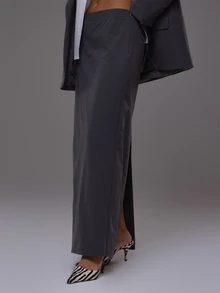 MUSERA Grey Woven Low Rise Slit Back Maxi Skirt Autumn Fall Winter Cute Everyday Office Corporate Romance - Grey - View 2