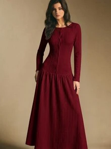 Poéselle 女款純色圓領長袖單排扣休閒優雅洋裝，適合早午餐，秋季穿搭 - 酒紅色 - 查看 5