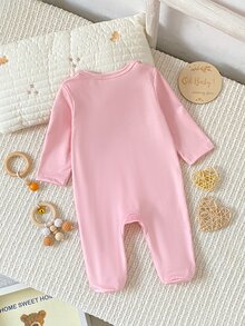 SHEIN Playful Pals 3件組隨機發貨 1件 春夏秋冬新生兒嬰兒連身衣，可愛奶牛印花，甜美粉色女嬰長袖包腳連身衣居家穿著 - 粉色 - 查看 2