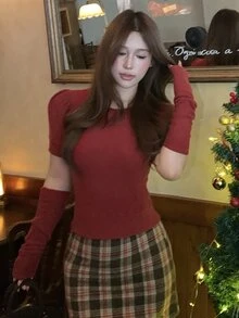 DAZY Autumn/Winter Red Crew Neck Fitted Short Sleeve Knit Sweater And Arm Warmers 2 Pieces Set, Casual Christmas Women's - Red - View 6