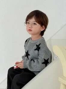 DAZY Sweater Bayi Laki-laki Leher Bulat Motif Bintang Warna Kontras Lengan Panjang Musim Gugur/Dingin - Grey - View 4