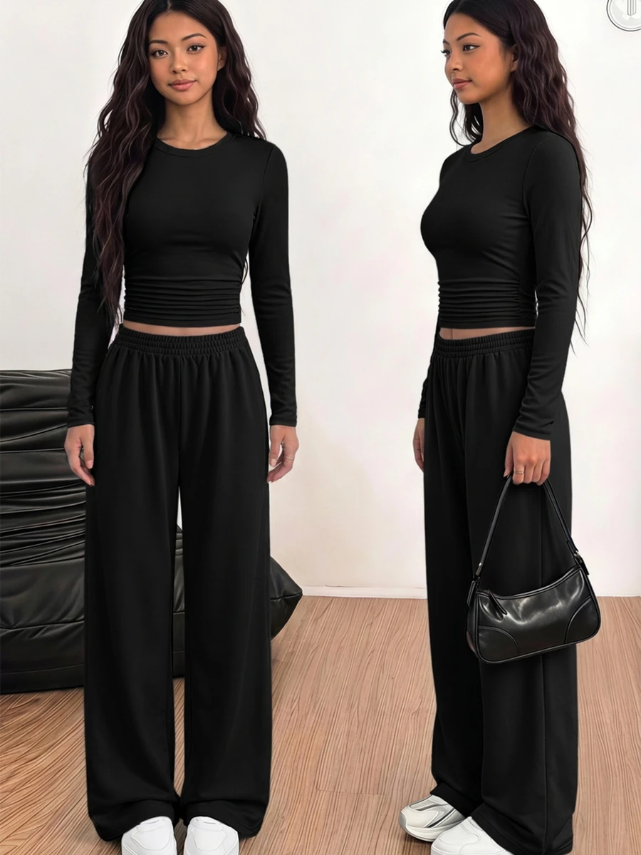 SHEIN Teen Girls Black Ribbed Knit Top And Casual Vintage Sweatpants 2 Pieces Set, Spring/Autumn - Black - View 1