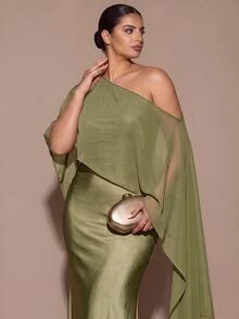 SHEIN BAE CURVE 大尺碼女款優雅長版不對稱單肩洋裝 - 綠色 - 查看 6