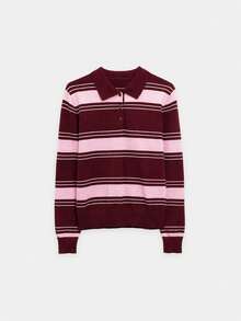 Nöista Knitted Casual Polo Collar Striped Shirt - Burgundy - View 7