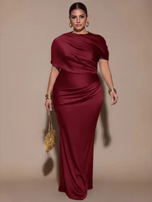 SHEIN BAE CURVE Plus Size Women's Elegant Brown Ruched Wrap Dress With Fishtail Hem Christmas - Burgundy - View 7