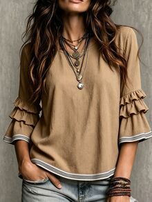 Glimmora Women's Summer Autumn New Contrast Color French Casual Loose Ruffle 3/4 Flare Sleeve Plus Size Blouse - Khaki - View 3