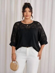 Cravure Plus Size Round Neck 3/4 Sleeve Short Sleeve Gold Foil Fabric Patchwork Contrast Color Woven Fabric Cuff Raglan Sleeve Casual Pullover Shirt For Outing, Vacation, Commute And Party - Black - View 8