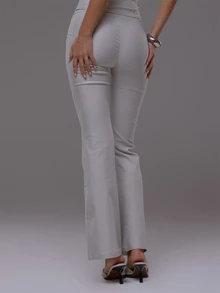 MUSERA Grey Low Rise Lace Up Flared Pants Autumn Fall Winter Cute Everyday Office Corporate Romance - Light Grey - View 4