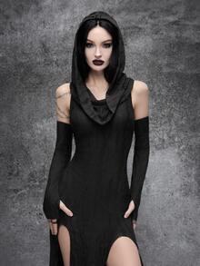 Cryptelle Women's Side-Slit Hooded Textured Distressed Knit Long Dress With Sleeves Autumn/Winter Black Gothic Style , Halloween Party Outfit Costume - Black - View 7
