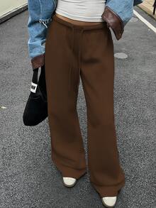 SHEIN EZwear 秋冬休閒極簡前綁帶寬鬆運動長褲，適合日常穿著與返校季 - 棕色 - 查看 4