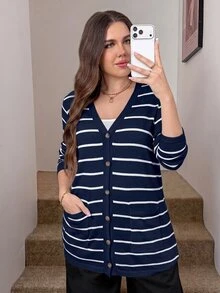 SHEIN LUNE 大尺碼女款純色白色全開襟開襟衫，附口袋，秋季返校商務休閒優雅款，冬季辦公通勤日常穿搭 - 寶藍色 - 查看 5