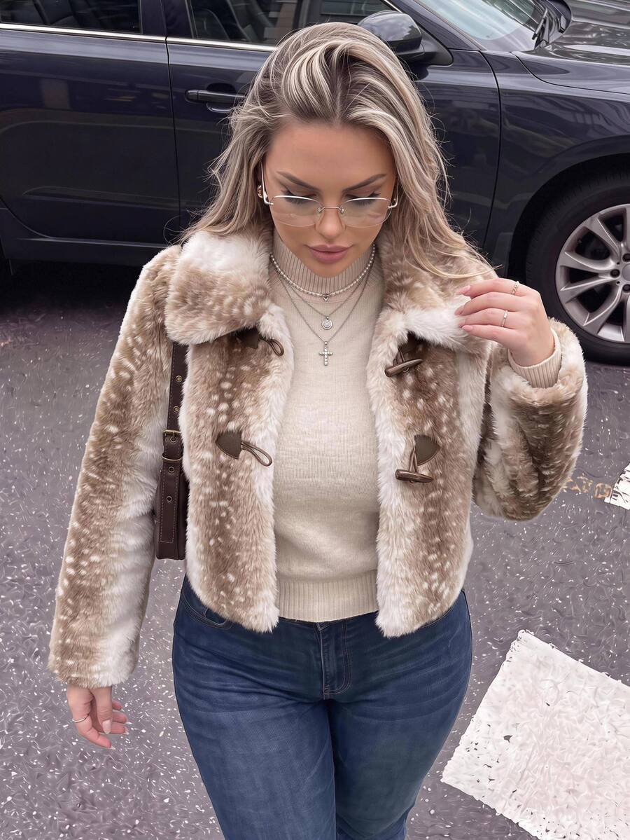 SHEIN ICON Plus Size Vintage Y2K Reindeer Pattern Faux Fur Coat, Christmas Reindeer Jacket - Brown - View 1