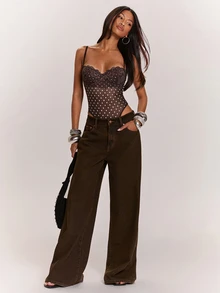 SHEIN BAE 女款棕色蕾絲拼接波點性感連身內衣 - 彩色 - 查看 4
