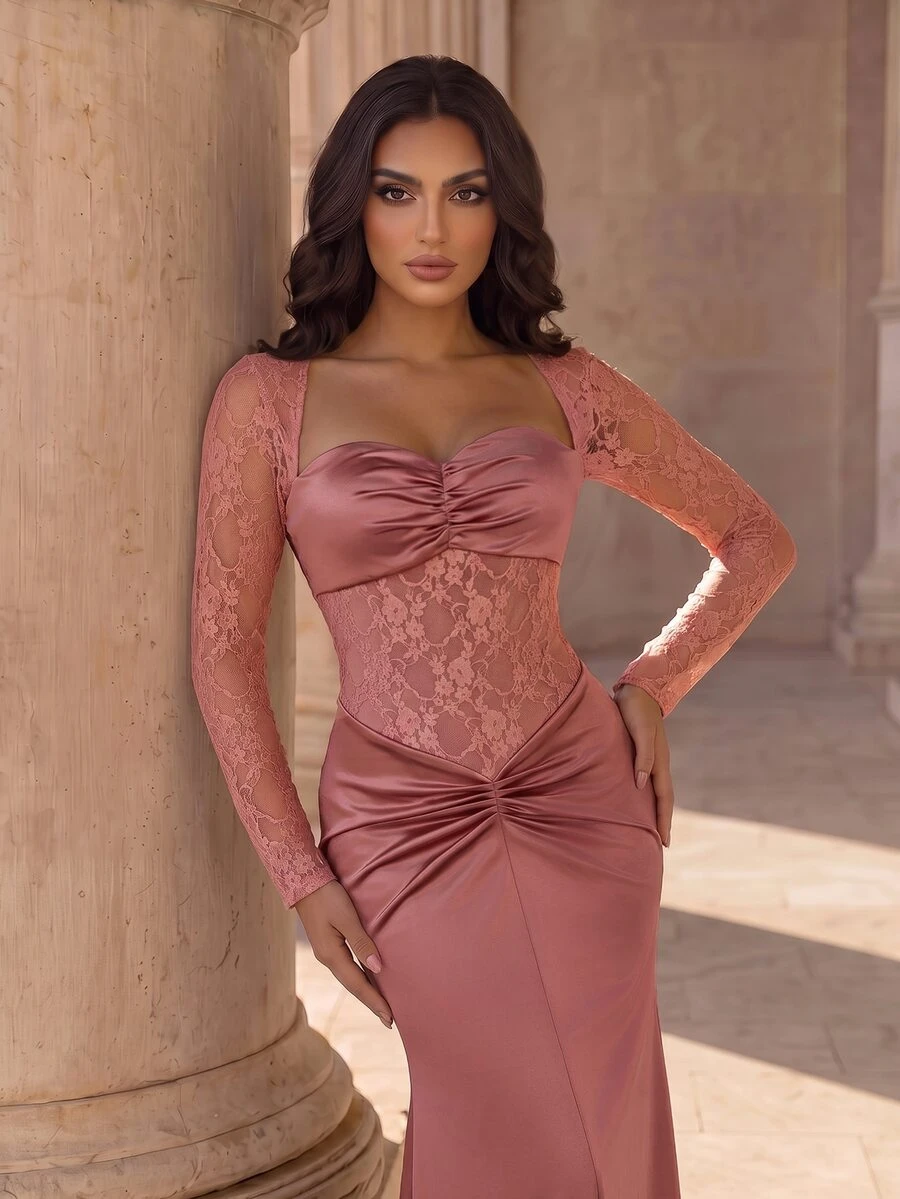 Coutiva Nude Pink Strapless Ruched Patchwork Sheer Lace Long Sleeve Waist Cinched Twisted Satin Fitted Mermaid Long Evening Gown - Pink - View 1