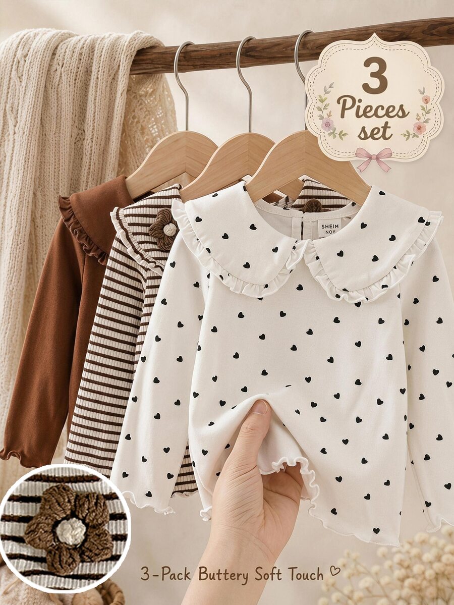 SHEIN Paket 3 Baju Atasan Lengan Panjang Kerah Peter Pan untuk Bayi Perempuan (Desain Hati, Polos, dan Garis-garis) - MultiWarna - View 1
