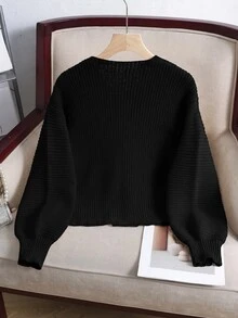 SHEIN 青少年女孩純色休閒百搭日常長袖開襟衫 告別白 秋季 - 黑色 - 查看 4