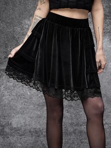 Cryptelle Women's Black Gothic Style Velvet Contrast Lace Short Mini Skirt Halloween Outfit Autumn/Winter - Black - View 6