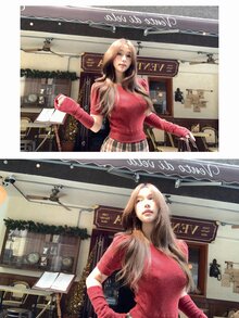 DAZY Autumn/Winter Red Crew Neck Fitted Short Sleeve Knit Sweater And Arm Warmers 2 Pieces Set, Casual Christmas Women's - Red - View 1
