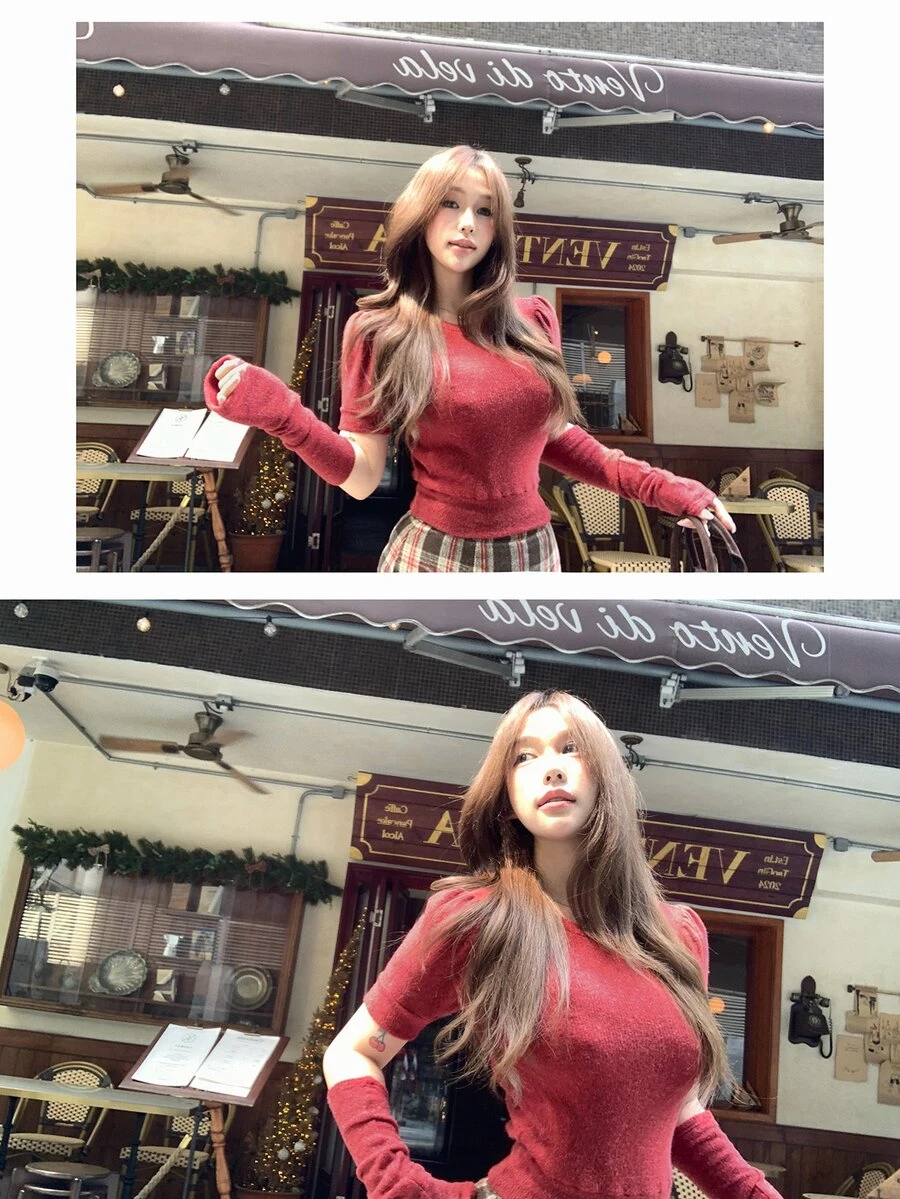 DAZY Autumn/Winter Red Crew Neck Fitted Short Sleeve Knit Sweater And Arm Warmers 2 Pieces Set, Casual Christmas Women's - Red - View 1