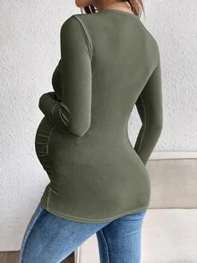 SHEIN 孕婦純色長袖休閒修身上衣，適合日常穿著，秋季款 - 軍綠色 - 查看 2