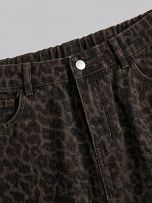 SHEIN MOD 大尺碼女款豹紋鈕扣休閒日常牛仔迷你裙 - 彩色 - 查看 3