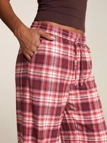 SHEIN BAE Women's Drawstring Waist Plaid Sports Long Pants With Pockets - Burgundy - View 4