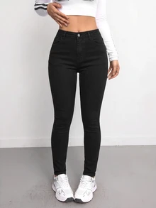 SHEIN Tall CURVE 女款大尺碼淺藍色彈性牛仔緊身牛仔褲，夏季休閒日常牛仔女郎西式穿搭商務節慶機場畢業Y2K街頭風 - 黑色 - 查看 6