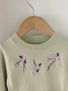 SHEIN 女嬰女童針織套頭圓領長袖毛衣洋裝，舒適秋季/冬季穿著，綠色/深綠色，優雅淑女風，刺繡重工，時尚時髦，適合日常穿著、外出、旅行、上學 - 綠色 - 查看 3