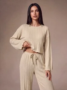 Lazeform Solid Color Casual Cable Knit Textured Jacquard Long Sleeve Pants Pajama Set For Women - Apricot - View 1