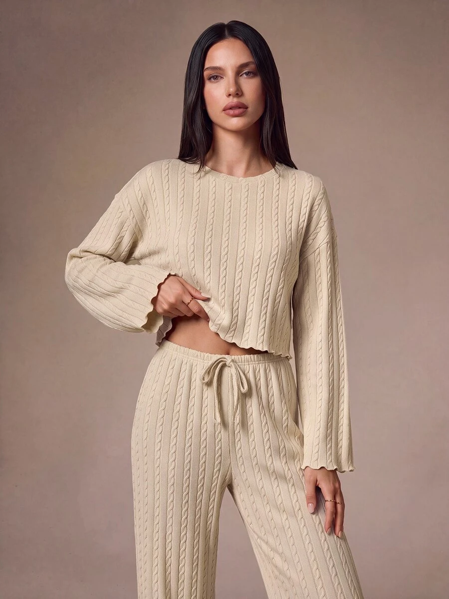 Lazeform Solid Color Casual Cable Knit Textured Jacquard Long Sleeve Pants Pajama Set For Women - Apricot - View 1