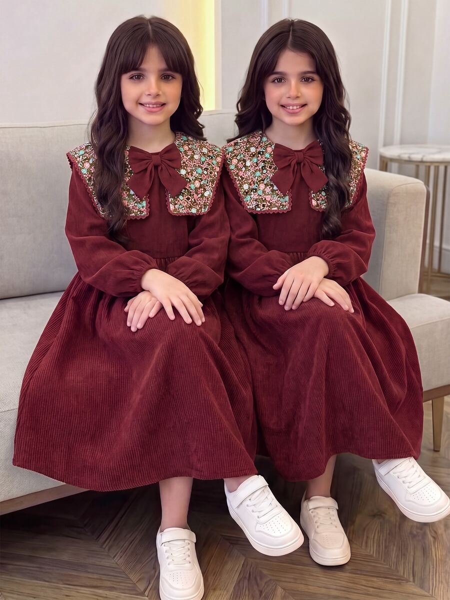 SHEIN Tween Girl Tween Girl Autumn/Winter Large Collar Ditsy Floral Patchwork Corduroy Ruched Full Skirt Puff Long Sleeve Dress Burgundy Casual Vacation Elegant Girls Dress Christmas New Year Dress - Burgundy - View 1