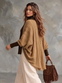 Ceyna Plus Size Women's Fashion New Textured Pattern Batwing Sleeve Khaki & Coffee Color Contrast Knit Cardigan Sweater, Autumn/Winter Casual Everyday Outerwear - Multicolor - View 2