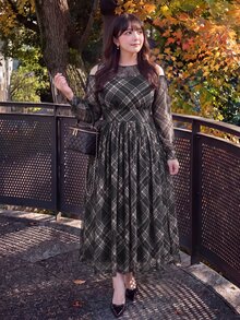 Bijouette Plus Size Plaid Mesh Cold Shoulder Frill Neck Sheer Sleeve Midi Dress,Romantic Feminine,Preppy Style,Afternoon Tea,Girls' Gathering Fall - Black - View 4