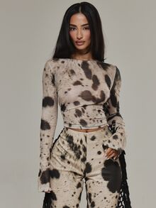 MUSERA Mesh Cow Print Long Sleeve Top Autumn Winter Fall Date Night Sexy Going Out - Multicolor - View 2