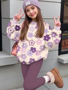 Tween女孩休閒牛仔女孩風可愛兒童花卉圖案紫色圓領衛衣彈性腰長褲套裝舒適秋冬穿搭校園米色 - 白色 - 查看 1