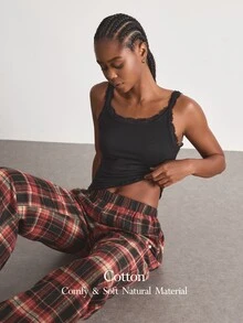 Ocili Women's Lace Trim Minimalist Comfortable Plaid Cotton Long Pants Drawstring Loungewear Set - Multicolor - View 1