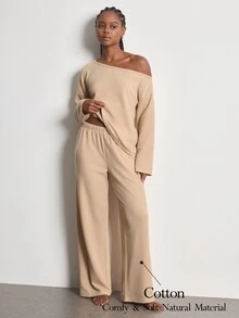 Ocili Minimalist Comfortable Casual Easy-Care Asymmetrical Shoulder Long Sleeve Long Pants Pajama Set Soft Women's Loungewear Set - Khaki - View 1