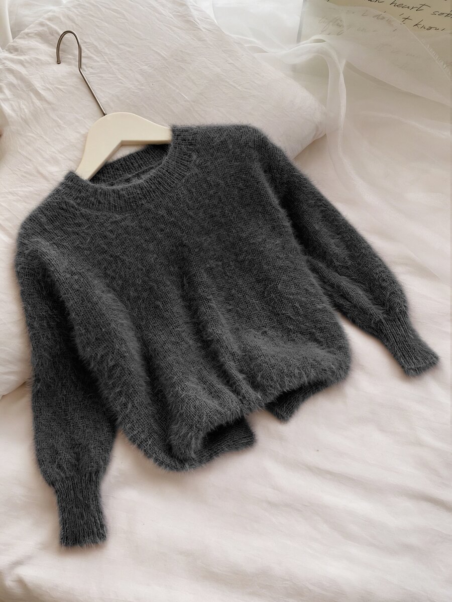 SHEIN 女童素色圓領休閒日常長袖針織衫 - 深灰色 - 查看 1