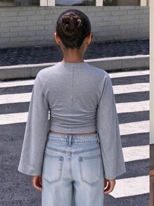Tween Girl Solid Color Pleated Casual Daily T-Shirt - Grey - View 2