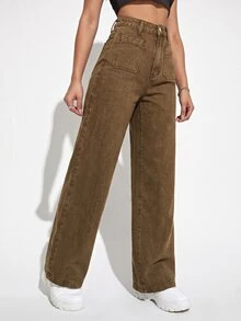 SHEIN EZwear Women's High Waist Brown Fashion Washed Denim Wide Leg Pants - Brown - View 3