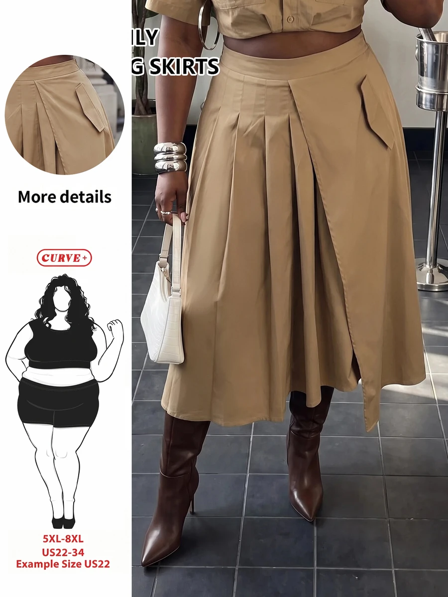 SHEIN CURVE+ Plus Size Autumn/Winter Bodycon Asymmetrical Pleated Skirt - Khaki - View 1