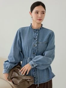 Dazy-Less Autumn Cotton Medium Wash Blue Lapel Collar Button Pocket Decor Washed Loose Long Sleeve Women's Denim Top - Medium Wash - View 4