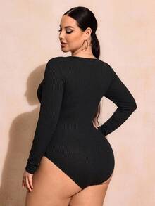 SHEIN SXY Casual Ribbed Black Knit Square Neck Plus Size Long Sleeve Fitted Bodysuit, Suitable For Autumn/Winter - Black - View 2