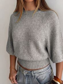 Aloruh Women's Fashion Ribbed Waist Sweater, Autumn/Winter Vacation - Light Grey - View 6